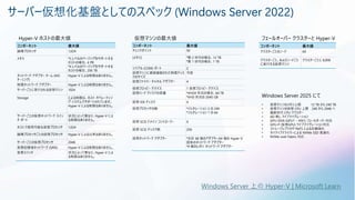 サーバー仮想化基盤としてのスペック (Windows Server 2022)
コンポーネント 最大値
チェックポイント 50
[メモリ] •第 2 世代の場合、12 TB
•第 1 世代の場合、1 TB
シリアル (COM) ポート 2
仮想マシンに直接接続された物理ディス
クのサイズ
可変
仮想ファイバー チャネル アダプター 4
仮想フロッピー デバイス 1 仮想フロッピー デバイス
仮想ハード ディスクの容量 •VHDX 形式の場合、64 TB
•VHD 形式の 2040 GB
仮想 IDE ディスク 4
仮想プロセッサの数 •ジェネレーション 2 の 240
•ジェネレーション 1 の 64
仮想 SCSI ドメイン コントローラー 4
仮想 SCSI ディスク数 256
仮想ネットワーク アダプター •合計 68 個のアダプター:64 個の Hyper-V
固有のネットワーク アダプター
•4 個のレガシ ネットワーク アダプター
コンポーネント 最大値
論理プロセッサ 1,024
メモリ •5 レベルのページングをサポートする
ホストの場合、4 PB
•4 レベルのページングをサポートする
ホストの場合、256 TB
ネットワーク アダプター チーム (NIC
チーミング)
Hyper-V による制限はありません。
物理ネットワーク アダプター Hyper-V による制限はありません。
サーバーごとに実行される仮想マシン 1024
Storage による制限は、ホスト オペレーティン
グ システムでサポートされています。
Hyper-V による制限はありません。
サーバーごとの仮想ネットワーク スイッ
チ ポート
状況によって異なり、Hyper-V によ
る制限はありません。
ホストで使用可能な仮想プロセッサ 1,024
論理プロセッサごとの仮想プロセッサ Hyper-V による比率はありません。
サーバーごとの仮想プロセッサ 2048
仮想記憶域ネットワーク (SAN) Hyper-V による制限はありません。
仮想スイッチ 状況によって異なり、Hyper-V によ
る制限はありません。
コンポーネント 最大値
クラスターごとのノード 64
クラスターごと、およびノードごと
に実行する仮想マシン
クラスターごとに 8,000
フェールオーバー クラスターと Hyper-V
Hyper-V ホストの最大値 仮想マシンの最大値
Windows Server 2025 にて
• 仮想マシンのメモリ上限 12 TB から 240 TB
• 仮想マシンの仮想 CPU 上限 240 から 2048 へ
• 複数世代 CPU クラスター
• AD 無し ライブマイグレーション
• GPU-DDA (GPU1 – VM1) フェールオーバー対応
• GPU-P (仮想GPU) ライブマイグレーション対応
• ストレージレプリカや ReFS による圧縮強化
• ネイティブドライバーによる NVMe SSD 高速化
• NVMe over Fabric 対応
Windows Server 上の Hyper-V | Microsoft Learn
 