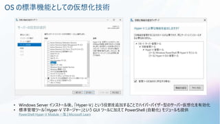 OS の標準機能としての仮想化技術
• Windows Server インストール後、「Hyper-V」 という役割を追加することでハイパーバイザー型のサーバー仮想化を有効化
• 標準管理ツール「Hyper-V マネージャー」という GUI ツールに加えて PowerShell (自動化) モジュールも提供
PowerShell Hyper-V Module 一覧 | Microsoft Learn
 