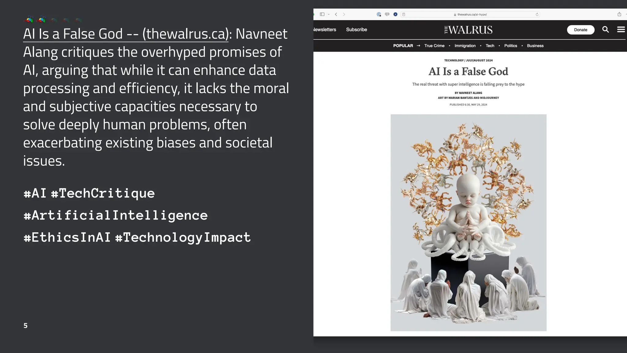 AI Is a False God -- (thewalrus.ca): Navneet
Alang critiques the overhyped promises of
AI, arguing that while it can enhance data
processing and efficiency, it lacks the moral
and subjective capacities necessary to
solve deeply human problems, often
exacerbating existing biases and societal
issues.
#AI #TechCritique
#ArtificialIntelligence
#EthicsInAI #TechnologyImpact
5
 