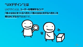 “UXデザイン”とは
34
UXデザインとは、ユーザーを理解することで
「我々はなにをつくるべきか」 「我々はなにをするべきか」 を
明らかにする専門技術です。
 
