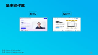 議事録作成
46
引用: https://tldv.io/ja/
引用: https://www.notta.ai/
tl;dv Notta
 