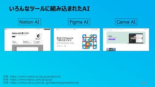 いろんなツールに組み込まれたAI
49
引用: https://www.notion.so/ja-jp/product/ai
引用: https://www.figma.com/ja-jp/ai/
引用: https://www.canva.com/ja_jp/features/generative-ai/
Notion AI Figma AI Canva AI
 