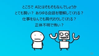 50
ところで AIとはそもそもなんでしょうか
とても賢い？ あらゆる会話を理解してくれる？
仕事をなんでも肩代わりしてくれる？
正体不明で怖い？
 