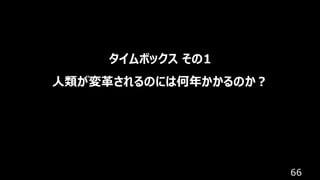 66
タイムボックス その1
人類が変革されるのには何年かかるのか？
 