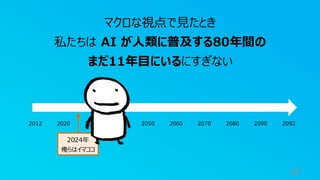 2024年
俺らはイマココ
87
マクロな視点で見たとき
私たちは AI が人類に普及する80年間の
まだ11年目にいるにすぎない
2012 2020 2030 2040 2050 2060 2070 2080 2090 2092
 