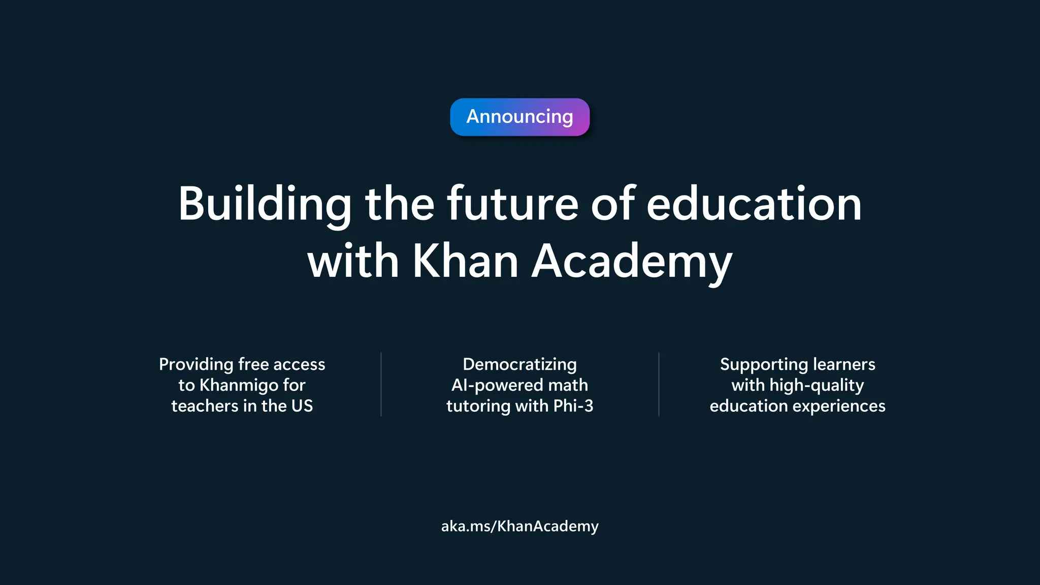 Announcing
Building the future of education
with Khan Academy
Providing free access
to Khanmigo for
teachers in the US
Democratizing
AI-powered math
tutoring with Phi-3
Supporting learners
with high-quality
education experiences
aka.ms/KhanAcademy
 