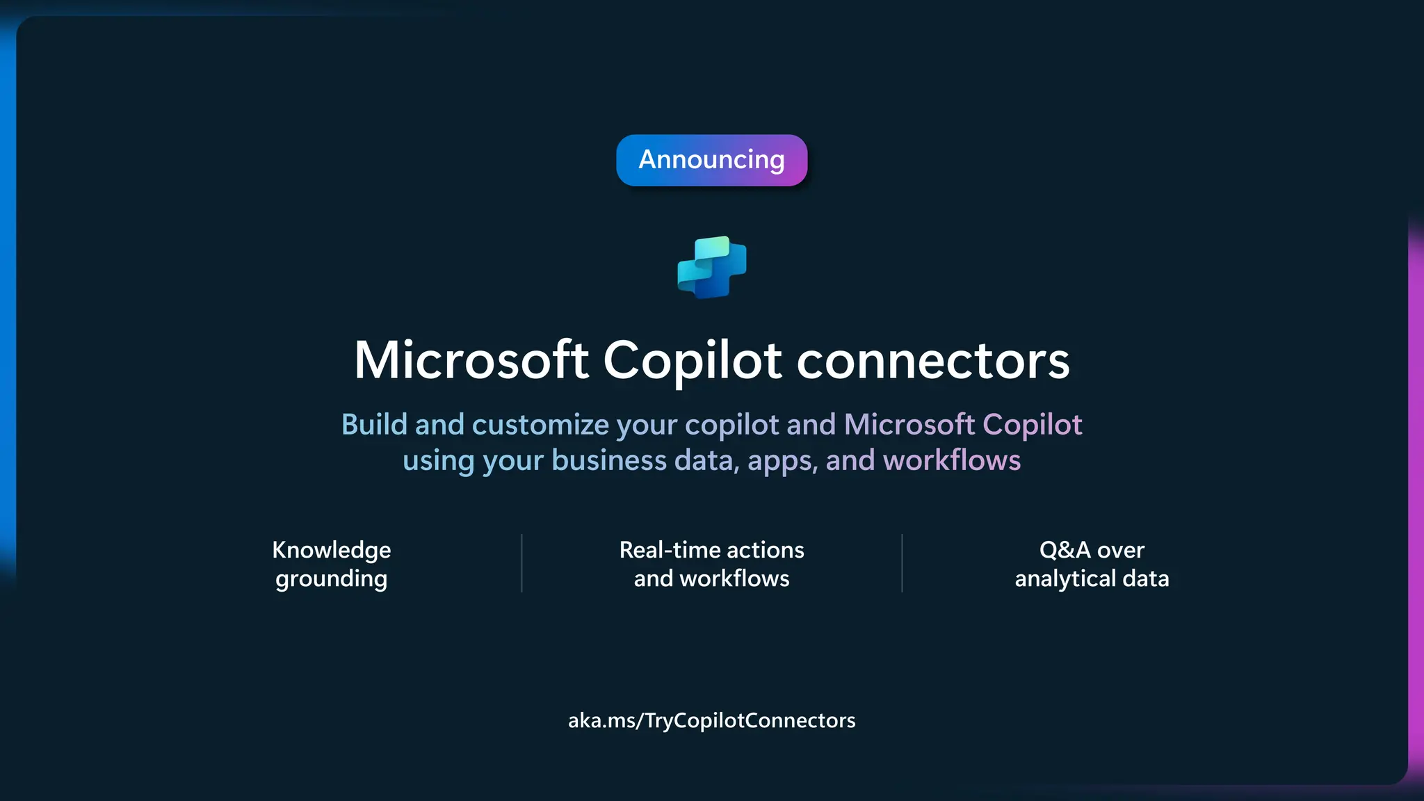 Announcing
Microsoft Copilot connectors
Build and customize your copilot and Microsoft Copilot
using your business data, apps, and workflows
Knowledge
grounding
Real-time actions
and workflows
Q&A over
analytical data
aka.ms/TryCopilotConnectors
 