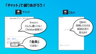 「チャット」で盛りあがろう！
2
チャット
チャットへ
どんどん書いてね！
（Twitter感覚で）
「全員」
で送信！
Q&Aに
投稿したものは
質疑応答で
答えます
Q&A
 