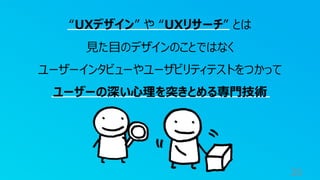 20
“UXデザイン” や “UXリサーチ” とは
見た目のデザインのことではなく
ユーザーインタビューやユーザビリティテストをつかって
ユーザーの深い心理を突きとめる専門技術
 