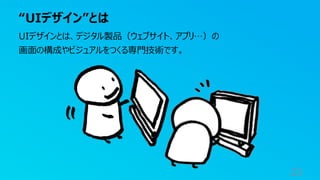 “UIデザイン”とは
23
UIデザインとは、デジタル製品（ウェブサイト、アプリ…）の
画面の構成やビジュアルをつくる専門技術です。
 