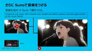さらに Sunoで音楽をつける
39
Emotional rock music with a female rock vocalist and electric guitars, everyone gets excited
at the music festival
音楽生成AI の Suno で歌をつける。
引用: https://suno.com/
Suno
 