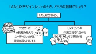 49
「AIとUXデザイン」といったとき、どちらの意味でしょう？
「AIとUXデザイン」
プロダクトに
AIを組み込んで
ユーザーにしっかりと
価値が届くようにする
UXデザインの
作業工程それ自体を
AIで革新する
 