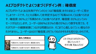 AIプロダクトでよくつまづくデザイン例：確信度
56
AIプロダクトでよくある失敗デザインのひとつは「確信度」をそのままユーザーに見せ
てしまうケースです。たとえば毒キノコを判定するAIで「写真Aのキノコは食べられま
す、確信度:86%」と「写真Bのキノコは食べられます、確信度:81%」というメッ
セージが出たとします。ユーザーは86%と81%の差の5%という数字を見ても、そ
れが万が一の健康被害につながる問題なのか、そこまで心配しなくていい差なのか
わかりません。ユーザーはAIの「確信度」がどういうものかそもそも知らないからです。
毒キノコ判定AI
写真Aのキノコは食べられます、確信度:86%
写真Bのキノコは食べられます、確信度:81%
この 5%はつまりどれくらい
信じていいの？
外すと俺 死ぬんだけど
 