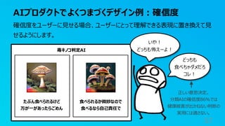 AIプロダクトでよくつまづくデザイン例：確信度
57
確信度をユーザーに見せる場合、ユーザーにとって理解できる表現に置き換えて見
せるようにします。
毒キノコ判定AI
たぶん食べられるけど
万が一があったらごめん
食べられるか微妙なので
食べるなら自己責任で
どっちも
食べちゃダメだろ
コレ！
いや！
どっちも怖えーよ！
正しい意思決定。
分類AIの確信度86%では
健康被害が出かねない判断の
実用には適さない。
 