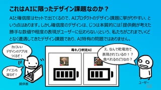 毒キノコ判定AI
これはAIに限ったデザイン課題なのか？
58
AIと確信度はセットで出てくるので、AIプロダクトのデザイン課題に挙がりやすい、と
いう点はあります。しかし確信度のデザインは、じつは本質的には「提供側が考えた
勝手な数値や程度の表現がユーザーに伝わらない」という、私たちがこれまでいくど
となく遭遇してきたデザイン課題であり、AI特有の問題ではありません。
提供者 ユーザー
カッコいい
デザインのアプリを
つくるぞ！
アイコンも
凝るぞ！
え、なんで乾電池で
表現されているの！？
食べれるのどうなの？
 