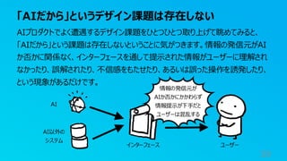 「AIだから」というデザイン課題は存在しない
59
AIプロダクトでよく遭遇するデザイン課題をひとつひとつ取り上げて眺めてみると、
「AIだから」という課題は存在しないということに気がつきます。情報の発信元がAI
か否かに関係なく、インターフェースを通して提示された情報がユーザーに理解され
なかったり、誤解されたり、不信感をもたせたり、あるいは誤った操作を誘発したり、
という現象があるだけです。
AI
インターフェース ユーザー
AI以外の
システム
情報の発信元が
AIか否かにかかわらず
情報提示が下手だと
ユーザーは混乱する
 