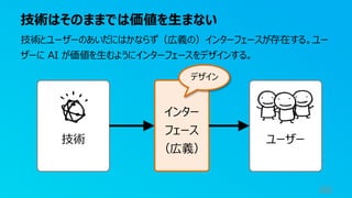 技術はそのままでは価値を生まない
66
技術とユーザーのあいだにはかならず（広義の）インターフェースが存在する。ユー
ザーに AI が価値を生むようにインターフェースをデザインする。
技術 ユーザー
インター
フェース
（広義）
デザイン
 