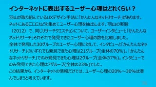 インターネットに表出するユーザー心理はどれくらい？
76
羽山が取り組んでいるUXデザイン手法に「かんたんなネットリサーチ」があります。
ネットにある口コミなどを集めてユーザー心理を抽出します。羽山の実験
（2012）で、同じリサーチクエスチョンについて、ユーザーインタビューと「かんたんな
ネットリサーチ」それぞれで発見できたユーザー心理の数を比較しました。
全体で発見した30グループのユーザー心理に対して、インタビューと「かんたんなネッ
トリサーチ」のいずれでも発見できた心理は21グループ(全体の70%)。「かんたん
なネットリサーチ」でのみ発見できた心理は2グループ(全体の7%)。インタビューで
のみ発見できた心理は7グループ(全体の23%)でした。
この結果から、インターネットの情報だけでは、ユーザー心理の20%〜30%は潜
んでしまうと考えています。
 