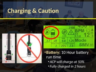 Charging & Caution
•Battery: 10 Hour battery
run time
•ACP will charge at 50%
•Fully charged in 2 hours
 