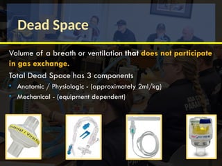 Dead Space
Volume of a breath or ventilation that does not participate
in gas exchange.
Total Dead Space has 3 components
• Anatomic / Physiologic - (approximately 2ml/kg)
• Mechanical - (equipment dependent)
 