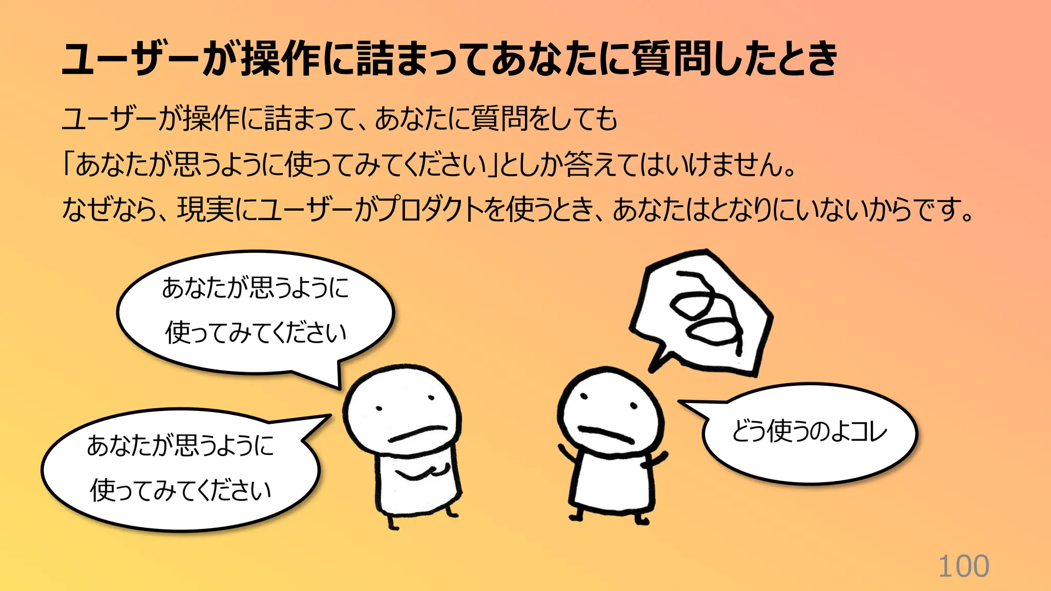 ユーザーが操作に詰まってあなたに質問したとき
100
ユーザーが操作に詰まって、あなたに質問をしても
「あなたが思うように使ってみてください」としか答えてはいけません。
なぜなら、現実にユーザーがプロダクトを使うとき、あなたはとなりにいないからです。
あなたが思うように
使ってみてください
どう使うのよコレ
あなたが思うように
使ってみてください
 