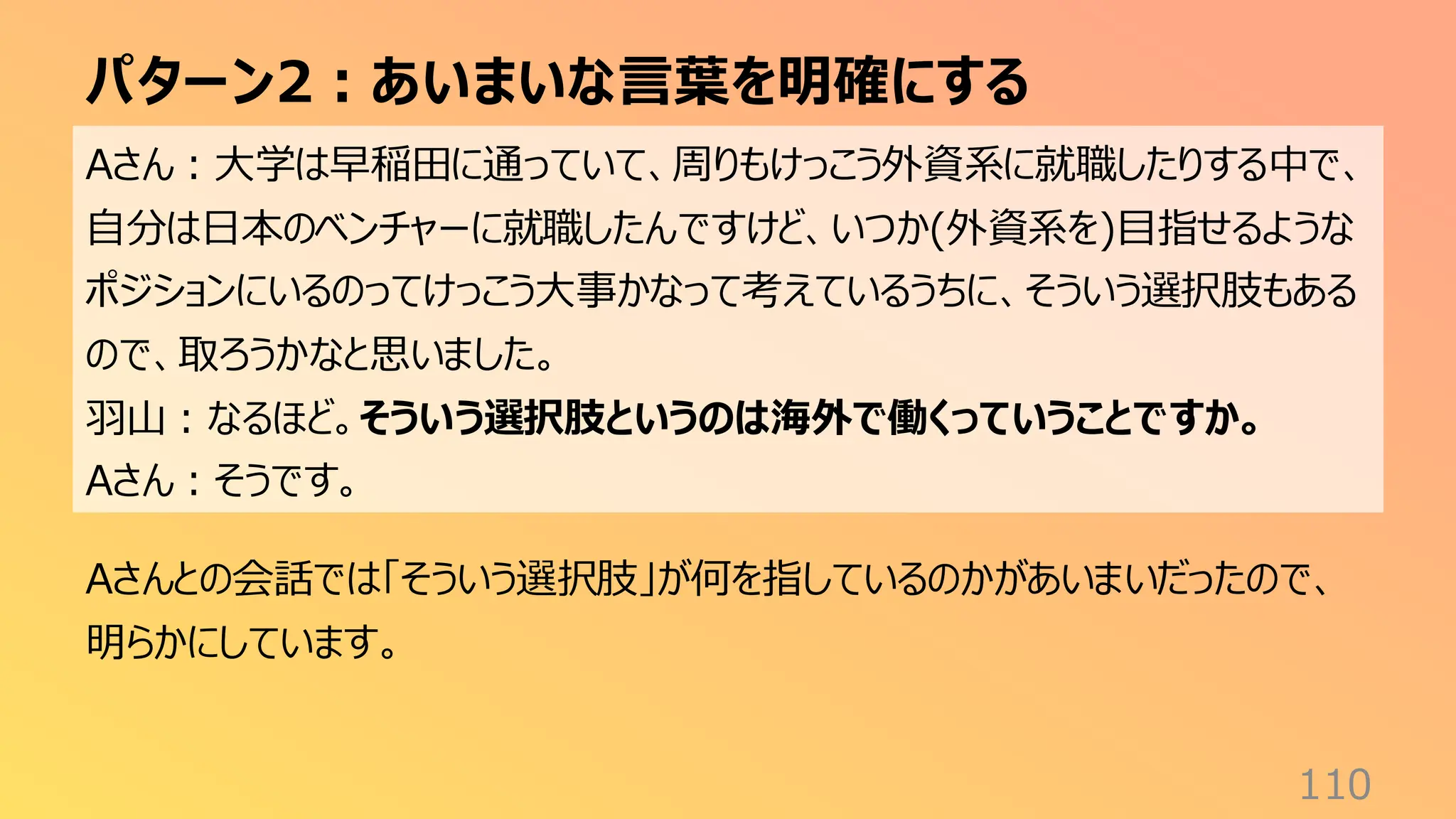 パターン2：あいまいな言葉を明確にする
110
Aさん：大学は早稲田に通っていて、周りもけっこう外資系に就職したりする中で、
自分は日本のベンチャーに就職したんですけど、いつか(外資系を)目指せるような
ポジションにいるのってけっこう大事かなって考えているうちに、そういう選択肢もある
ので、取ろうかなと思いました。
羽山：なるほど。そういう選択肢というのは海外で働くっていうことですか。
Aさん：そうです。
Aさんとの会話では「そういう選択肢」が何を指しているのかがあいまいだったので、
明らかにしています。
 