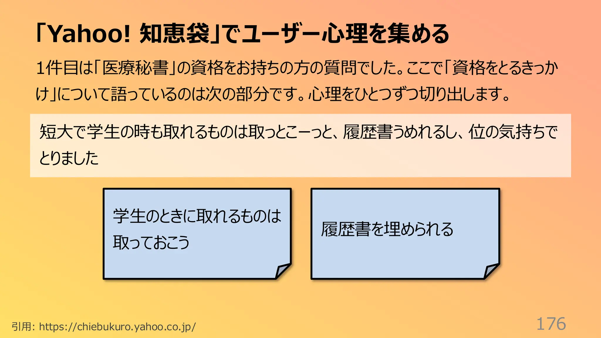「Yahoo! 知恵袋」でユーザー心理を集める
176
引用: https://chiebukuro.yahoo.co.jp/
1件目は「医療秘書」の資格をお持ちの方の質問でした。ここで「資格をとるきっか
け」について語っているのは次の部分です。心理をひとつずつ切り出します。
短大で学生の時も取れるものは取っとこーっと、履歴書うめれるし、位の気持ちで
とりました
学生のときに取れるものは
取っておこう
履歴書を埋められる
 