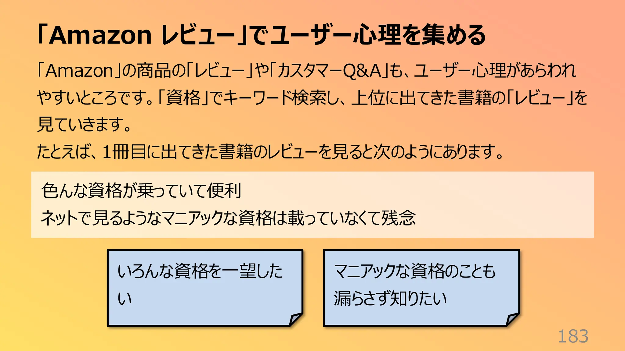 「Amazon レビュー」でユーザー心理を集める
183
「Amazon」の商品の「レビュー」や「カスタマーQ&A」も、ユーザー心理があらわれ
やすいところです。「資格」でキーワード検索し、上位に出てきた書籍の「レビュー」を
見ていきます。
たとえば、1冊目に出てきた書籍のレビューを見ると次のようにあります。
色んな資格が乗っていて便利
ネットで見るようなマニアックな資格は載っていなくて残念
いろんな資格を一望した
い
マニアックな資格のことも
漏らさず知りたい
 