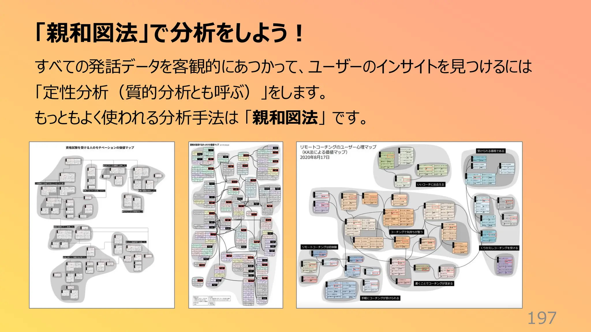 「親和図法」で分析をしよう！
197
すべての発話データを客観的にあつかって、ユーザーのインサイトを見つけるには
「定性分析（質的分析とも呼ぶ）」をします。
もっともよく使われる分析手法は 「親和図法」 です。
 