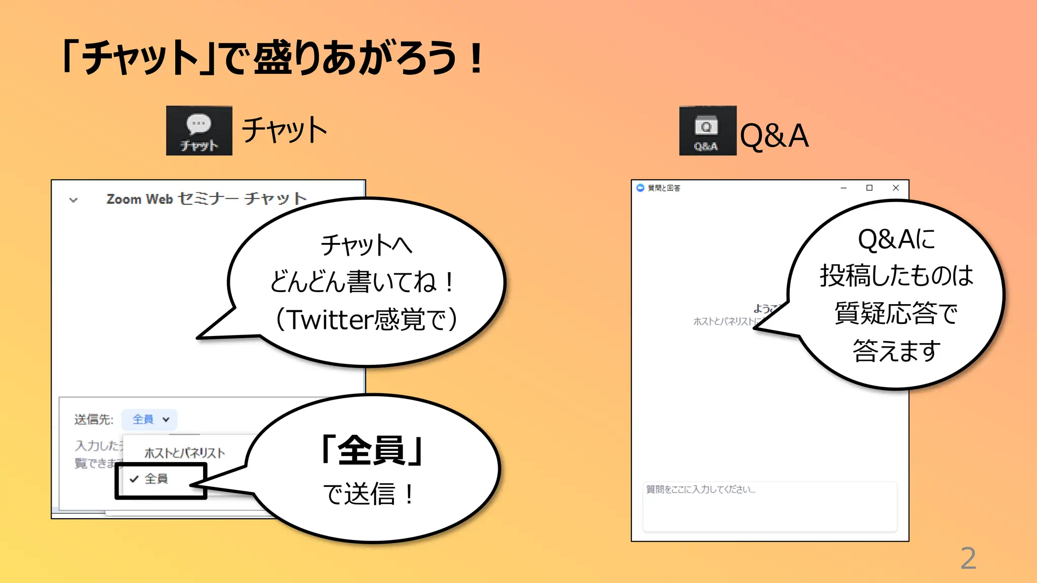 「チャット」で盛りあがろう！
2
チャット
チャットへ
どんどん書いてね！
（Twitter感覚で）
「全員」
で送信！
Q&Aに
投稿したものは
質疑応答で
答えます
Q&A
 