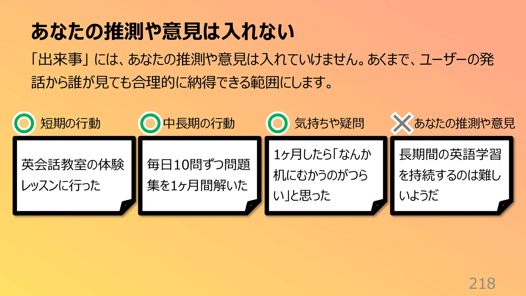 あなたの推測や意見は入れない
218
「出来事」 には、あなたの推測や意見は入れていけません。あくまで、ユーザーの発
話から誰が見ても合理的に納得できる範囲にします。
英会話教室の体験
レッスンに行った
毎日10問ずつ問題
集を1ヶ月間解いた
長期間の英語学習
を持続するのは難し
いようだ
1ヶ月したら「なんか
机にむかうのがつら
い」と思った
短期の行動 中長期の行動 気持ちや疑問 あなたの推測や意見
 