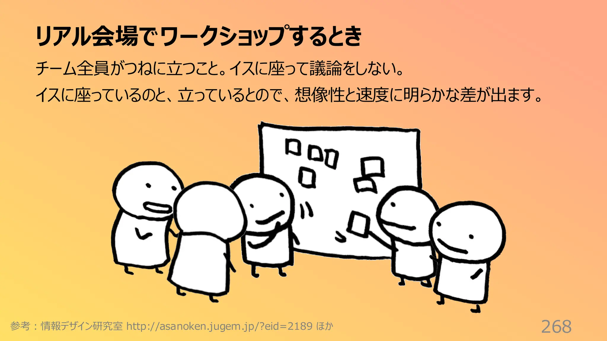 リアル会場でワークショップするとき
268
チーム全員がつねに立つこと。イスに座って議論をしない。
イスに座っているのと、立っているとので、想像性と速度に明らかな差が出ます。
参考：情報デザイン研究室 http://asanoken.jugem.jp/?eid=2189 ほか
 