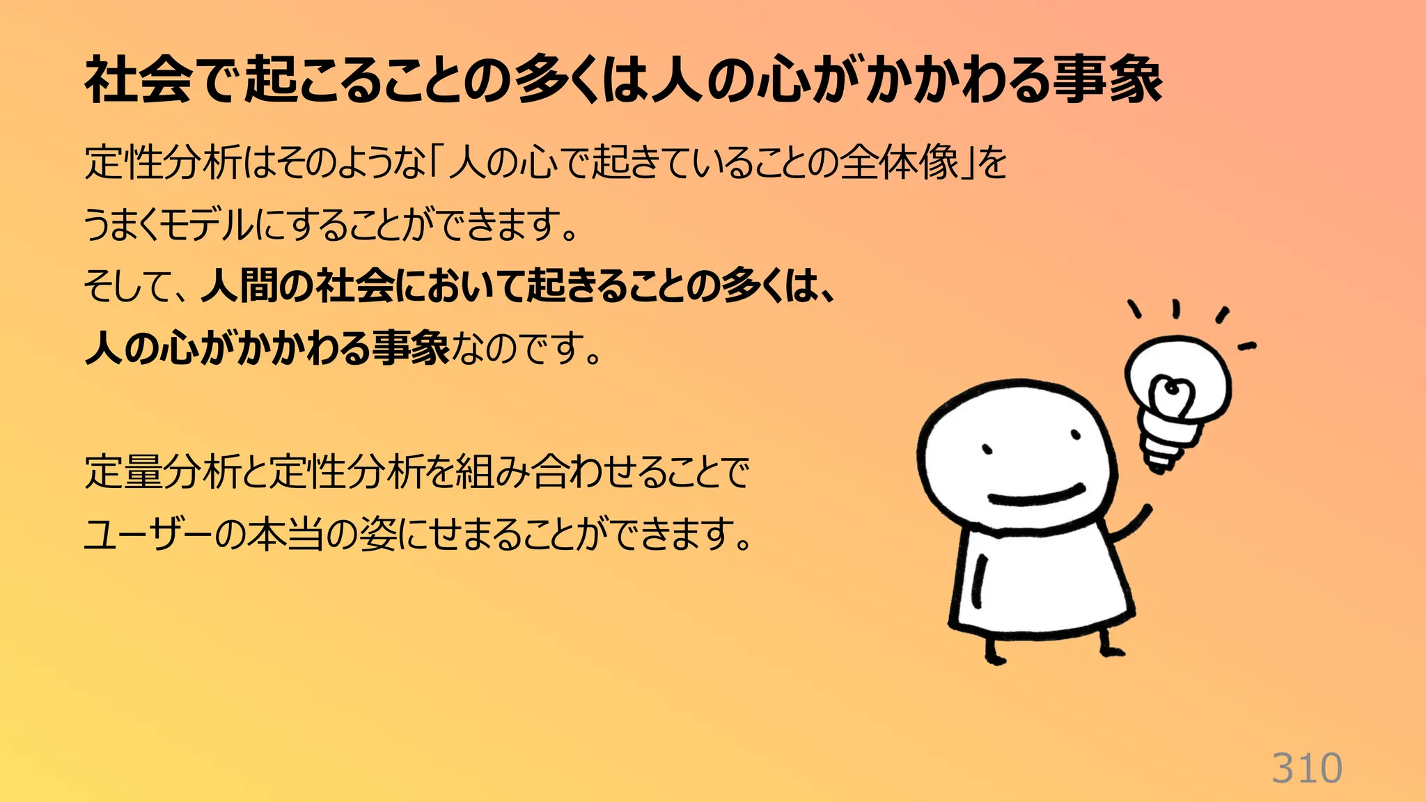 社会で起こることの多くは人の心がかかわる事象
310
定性分析はそのような「人の心で起きていることの全体像」を
うまくモデルにすることができます。
そして、人間の社会において起きることの多くは、
人の心がかかわる事象なのです。
定量分析と定性分析を組み合わせることで
ユーザーの本当の姿にせまることができます。
 
