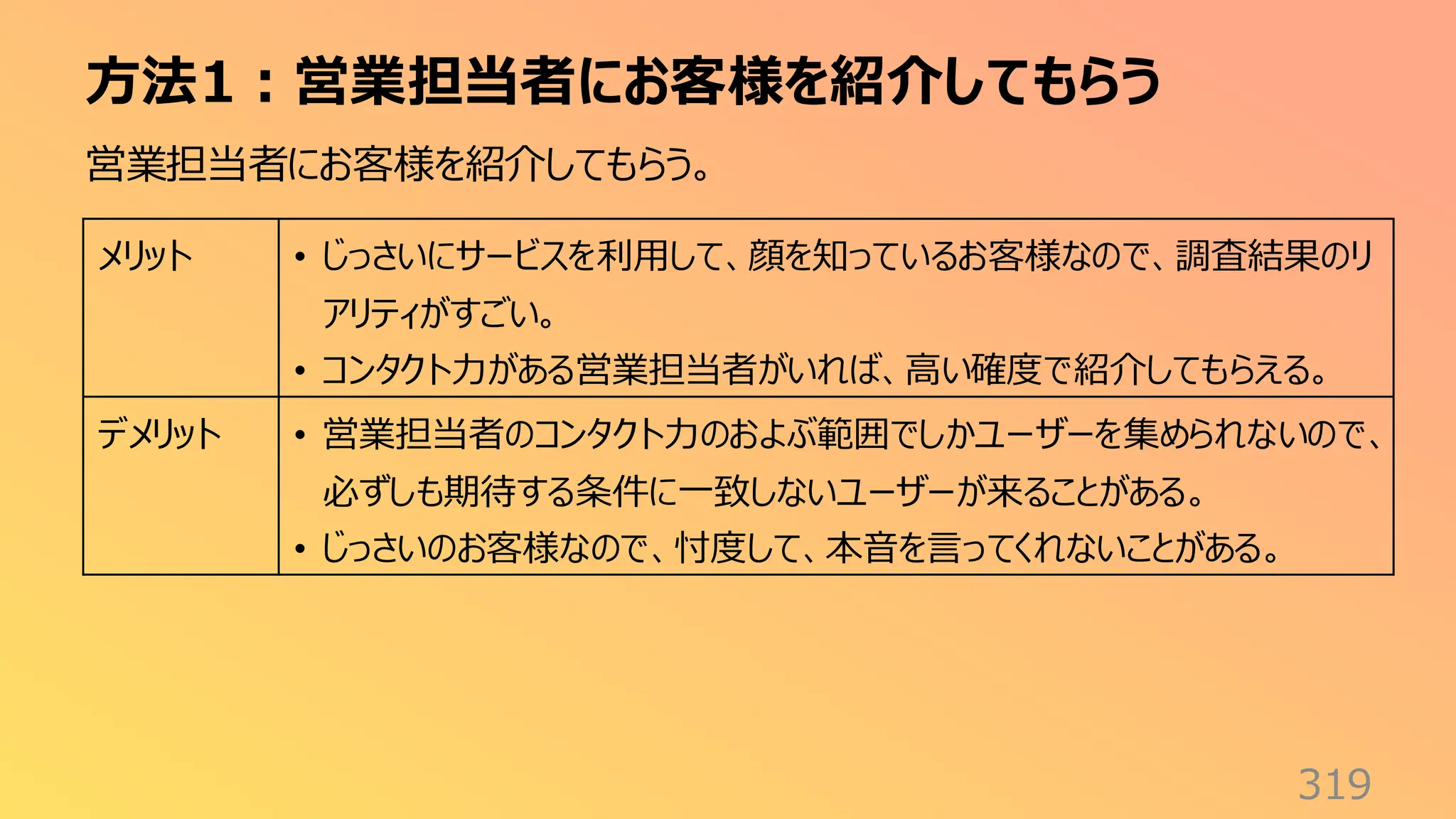 方法1：営業担当者にお客様を紹介してもらう
319
営業担当者にお客様を紹介してもらう。
メリット • じっさいにサービスを利用して、顔を知っているお客様なので、調査結果のリ
アリティがすごい。
• コンタクト力がある営業担当者がいれば、高い確度で紹介してもらえる。
デメリット • 営業担当者のコンタクト力のおよぶ範囲でしかユーザーを集められないので、
必ずしも期待する条件に一致しないユーザーが来ることがある。
• じっさいのお客様なので、忖度して、本音を言ってくれないことがある。
 