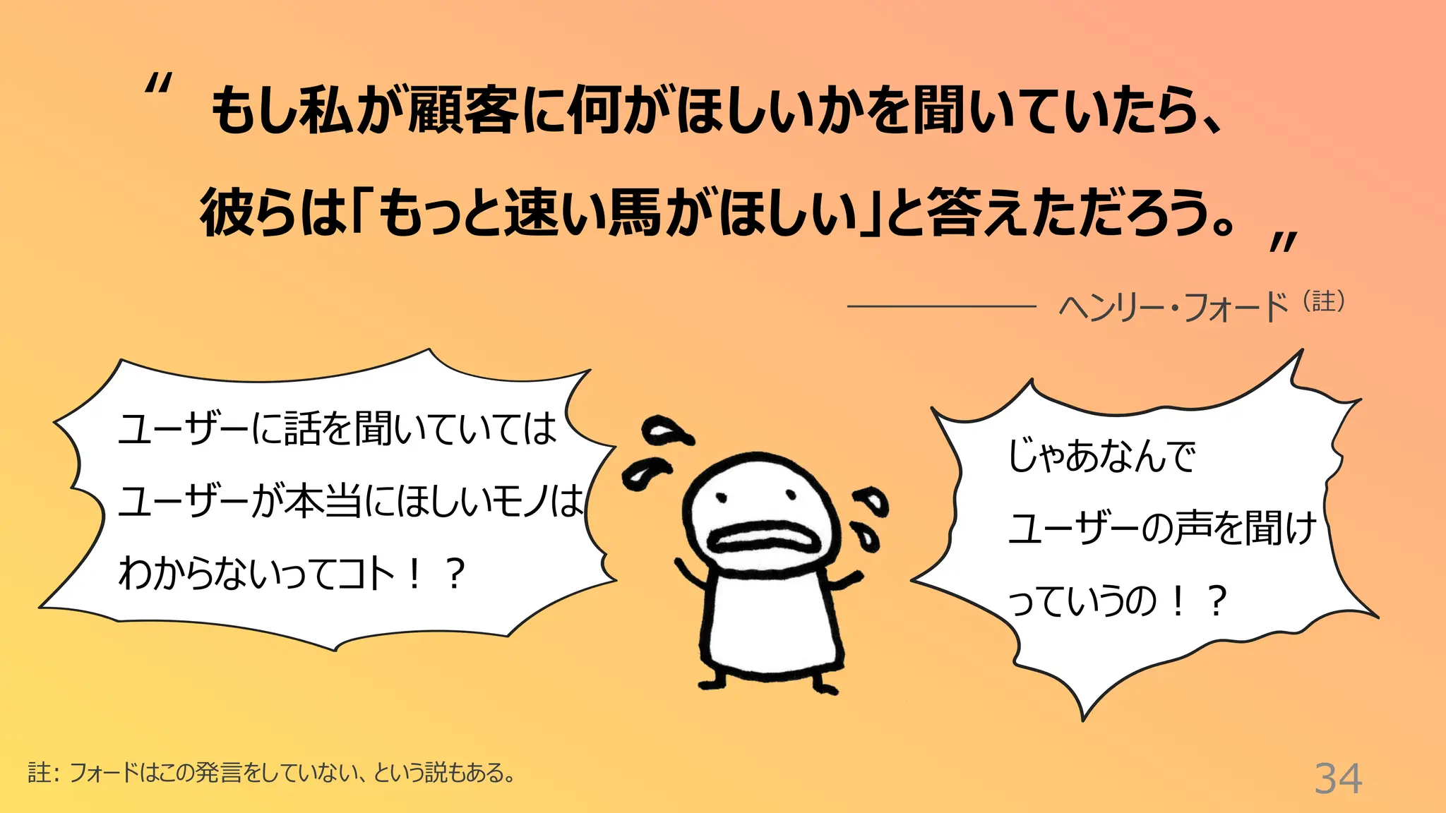 34
註: フォードはこの発言をしていない、という説もある。
もし私が顧客に何がほしいかを聞いていたら、
彼らは「もっと速い馬がほしい」と答えただろう。
ヘンリー・フォード（註）
“
”
ユーザーに話を聞いていては
ユーザーが本当にほしいモノは
わからないってコト！？
じゃあなんで
ユーザーの声を聞け
っていうの！？
 