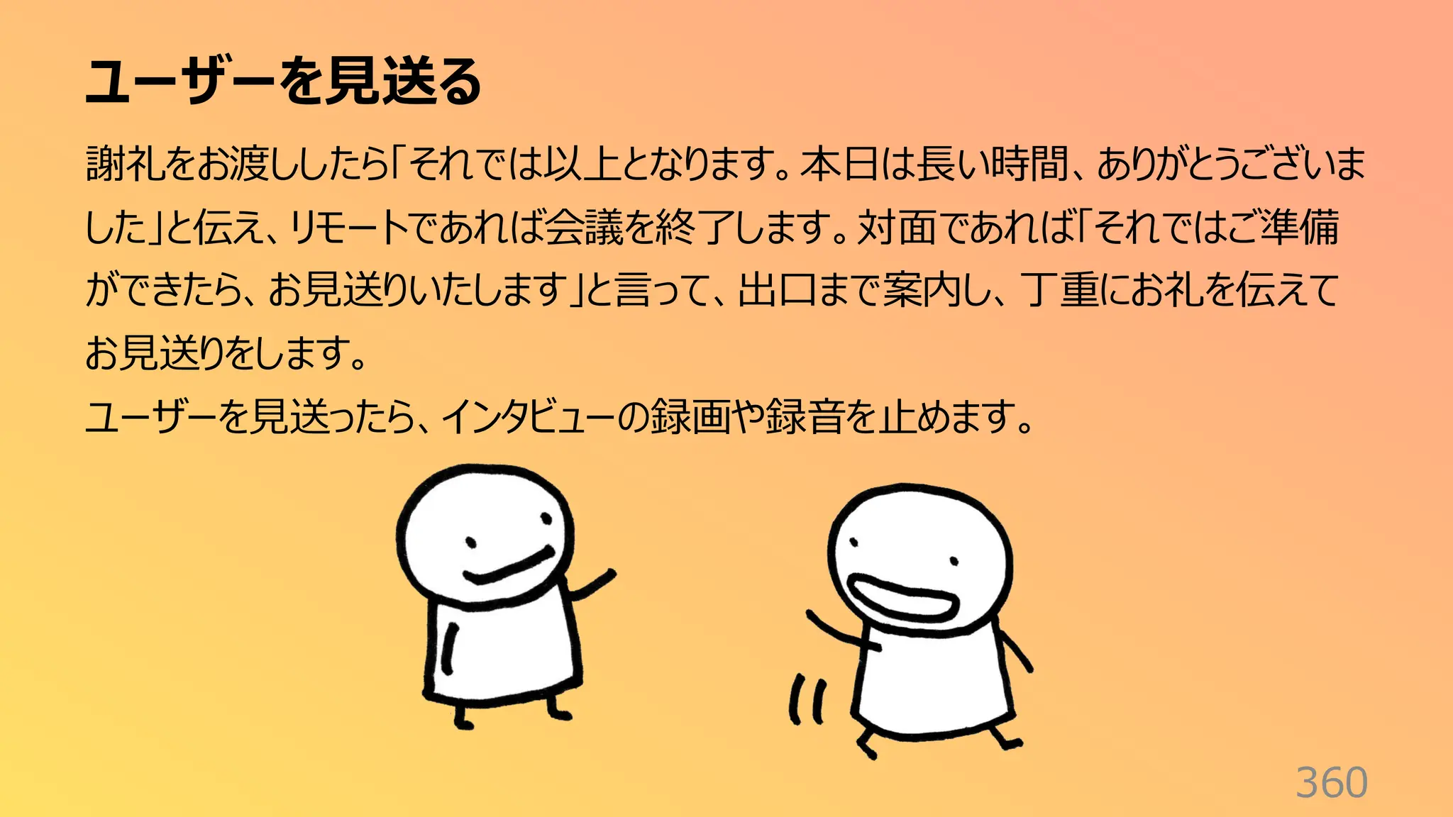 ユーザーを見送る
360
謝礼をお渡ししたら「それでは以上となります。本日は長い時間、ありがとうございま
した」と伝え、リモートであれば会議を終了します。対面であれば「それではご準備
ができたら、お見送りいたします」と言って、出口まで案内し、丁重にお礼を伝えて
お見送りをします。
ユーザーを見送ったら、インタビューの録画や録音を止めます。
 