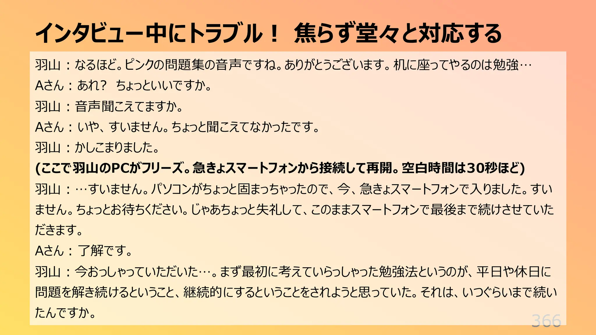 インタビュー中にトラブル！ 焦らず堂々と対応する
366
羽山：なるほど。ピンクの問題集の音声ですね。ありがとうございます。机に座ってやるのは勉強…
Aさん：あれ? ちょっといいですか。
羽山：音声聞こえてますか。
Aさん：いや、すいません。ちょっと聞こえてなかったです。
羽山：かしこまりました。
(ここで羽山のPCがフリーズ。急きょスマートフォンから接続して再開。空白時間は30秒ほど)
羽山：…すいません。パソコンがちょっと固まっちゃったので、今、急きょスマートフォンで入りました。すい
ません。ちょっとお待ちください。じゃあちょっと失礼して、このままスマートフォンで最後まで続けさせていた
だきます。
Aさん：了解です。
羽山：今おっしゃっていただいた…。まず最初に考えていらっしゃった勉強法というのが、平日や休日に
問題を解き続けるということ、継続的にするということをされようと思っていた。それは、いつぐらいまで続い
たんですか。
 