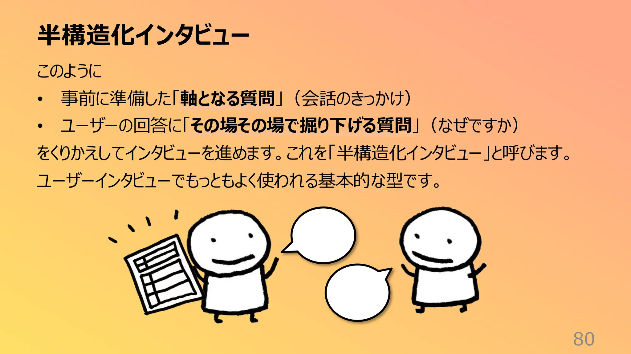 半構造化インタビュー
80
このように
• 事前に準備した「軸となる質問」（会話のきっかけ）
• ユーザーの回答に「その場その場で掘り下げる質問」（なぜですか）
をくりかえしてインタビューを進めます。これを「半構造化インタビュー」と呼びます。
ユーザーインタビューでもっともよく使われる基本的な型です。
 