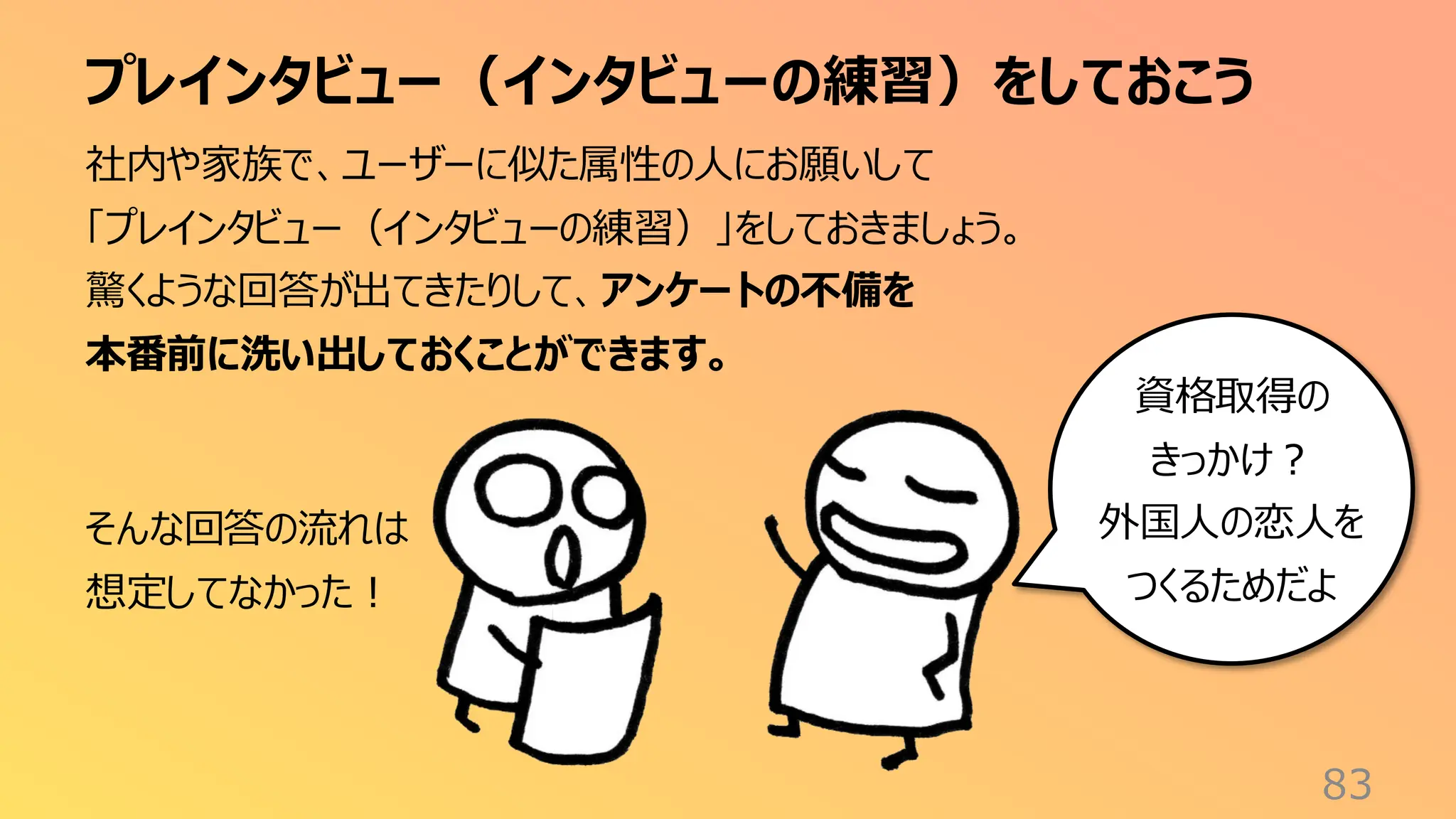 プレインタビュー（インタビューの練習）をしておこう
83
社内や家族で、ユーザーに似た属性の人にお願いして
「プレインタビュー（インタビューの練習）」をしておきましょう。
驚くような回答が出てきたりして、アンケートの不備を
本番前に洗い出しておくことができます。
そんな回答の流れは
想定してなかった！
資格取得の
きっかけ？
外国人の恋人を
つくるためだよ
 