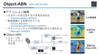 Object-ABN
◼アテンション機構
• 入力データの注目するべき所を決める
• Transformer (Vaswani+, NIPS2017)
• 動画認識にも利用されている
• GTA (He+, BMVC2021)
• Non-Local Neural Network (Wang+, CVPR2018)
• アテンションマップが説明可能AIなどに使われる
• ABN (Fukui+, CVPR2019)
◼Object-ABN
• シャープな
アテンション
を生成
入力動画像
[Nitta+, IEICE-ED, 2022]
従来手法
ABN
提案手法
Object-ABN
 