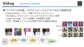 S3Aug
◼バイアスへの対策：セグメンテーションラベルから動画生成
• Segmentation：フレーム毎にセグメンテーション
• Sampling：セグメンテーションラベルをランダムに変更
• Label-to-Image：ラベル画像から実画像へ変換
• Shift：特徴量シフトによる時間方向の不連続性の除去
[Sugiura&Tamaki, VISAPP2024]
label frames
w shift
w/o shift
 
