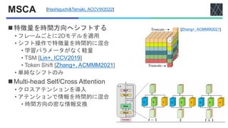 MSCA
◼特徴量を時間方向へシフトする
• フレームごとに2Dモデルを適用
• シフト操作で特徴量を時間的に混合
• 学習パラメータがなく軽量
• TSM [Lin+, ICCV2019]
• Token Shift [Zhang+, ACMMM2021]
• 単純なシフトのみ
◼Multi-head Self/Cross Attention
• クロスアテンションを導入
• アテンションで情報を時間的に混合
• 時間方向の密な情報交換
[Hashiguchi&Tamaki, ACCVW2022]
[Zhang+, ACMMM2021]
 