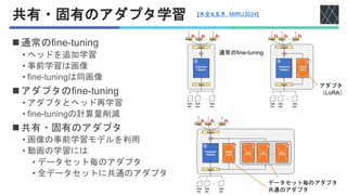 共有・固有のアダプタ学習
◼通常のfine-tuning
• ヘッドを追加学習
• 事前学習は画像
• fine-tuningは同画像
◼アダプタのfine-tuning
• アダプタとヘッド再学習
• fine-tuningの計算量削減
◼共有・固有のアダプタ
• 画像の事前学習モデルを利用
• 動画の学習には
• データセット毎のアダプタ
• 全データセットに共通のアダプタ
通常のfine-tuning
アダプタ
（LoRA）
データセット毎のアダプタ
共通のアダプタ
[木全&玉木, MIRU2024]
 