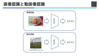 画像認識と動画像認識
モデル
カテゴリ
画像
モデル
カテゴリ
画像認識
動作認識
2xxcpLQHZf8_000002_000012.mp4
Kinetics400 [Kay+, arXiv2017]
 