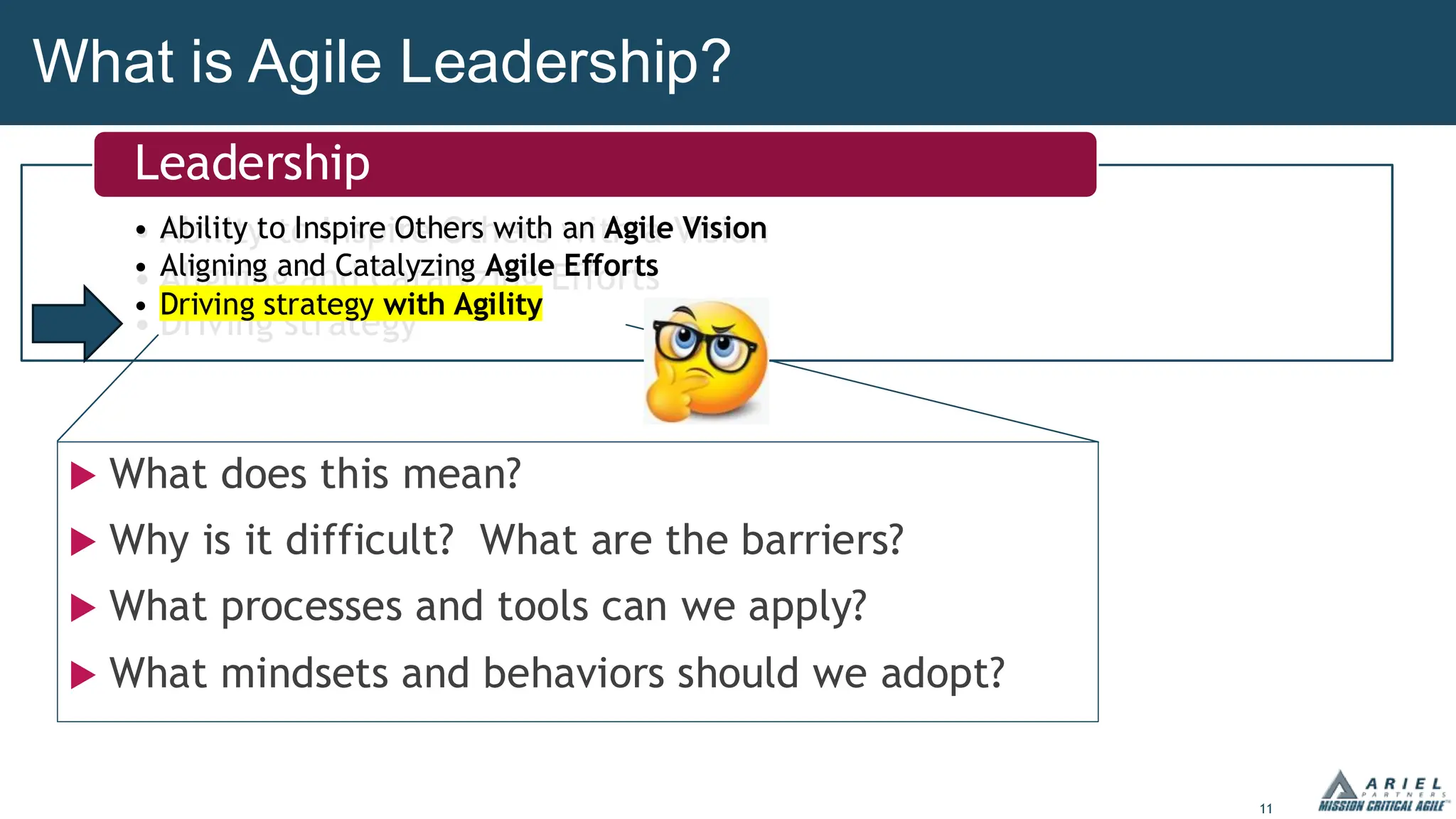 11
What is Agile Leadership?
• Ability to Inspire Others with a Vision
• Aligning and Catalyzing Efforts
• Driving strategy
• Ability to Inspire Others with an Agile Vision
• Aligning and Catalyzing Agile Efforts
• Driving strategy with Agility
Leadership
 What does this mean?
 Why is it difficult? What are the barriers?
 What processes and tools can we apply?
 What mindsets and behaviors should we adopt?
 