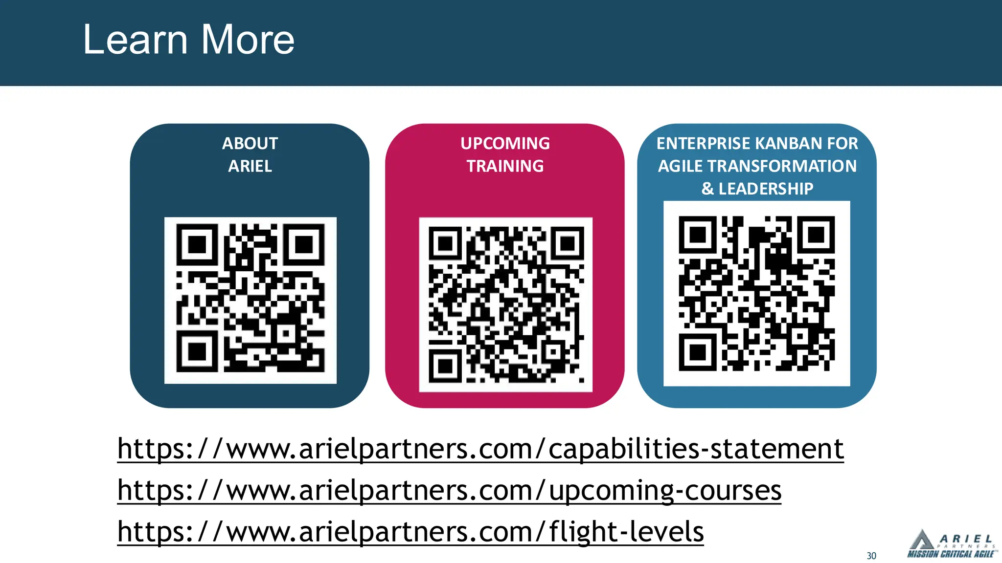 30
Learn More
https://www.arielpartners.com/capabilities-statement
https://www.arielpartners.com/upcoming-courses
https://www.arielpartners.com/flight-levels
ENTERPRISE KANBAN FOR
AGILE TRANSFORMATION
& LEADERSHIP
UPCOMING
TRAINING
ABOUT
ARIEL
 