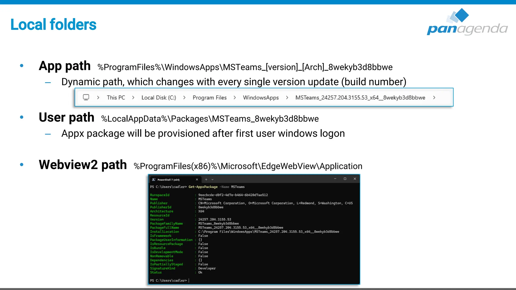 Local folders
• App path %ProgramFiles%WindowsAppsMSTeams_[version]_[Arch]_8wekyb3d8bbwe
– Dynamic path, which changes with every single version update (build number)
• User path %LocalAppData%PackagesMSTeams_8wekyb3d8bbwe
– Appx package will be provisioned after first user windows logon
• Webview2 path %ProgramFiles(x86)%MicrosoftEdgeWebViewApplication
 