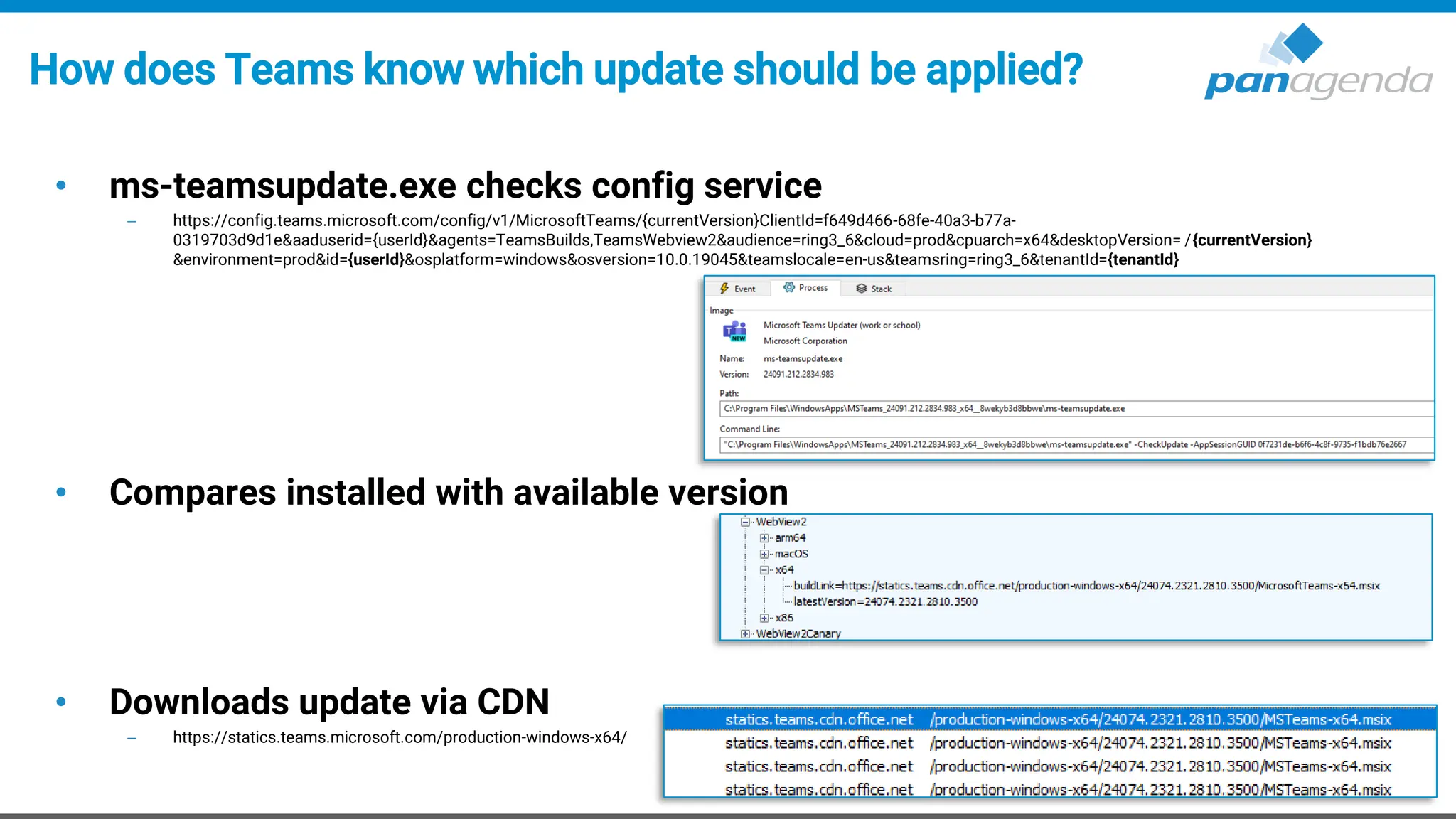 How does Teams know which update should be applied?
• ms-teamsupdate.exe checks config service
– https://config.teams.microsoft.com/config/v1/MicrosoftTeams/{currentVersion}ClientId=f649d466-68fe-40a3-b77a-
0319703d9d1e&aaduserid={userId}&agents=TeamsBuilds,TeamsWebview2&audience=ring3_6&cloud=prod&cpuarch=x64&desktopVersion= /{currentVersion}
&environment=prod&id={userId}&osplatform=windows&osversion=10.0.19045&teamslocale=en-us&teamsring=ring3_6&tenantId={tenantId}
• Compares installed with available version
• Downloads update via CDN
– https://statics.teams.microsoft.com/production-windows-x64/
 