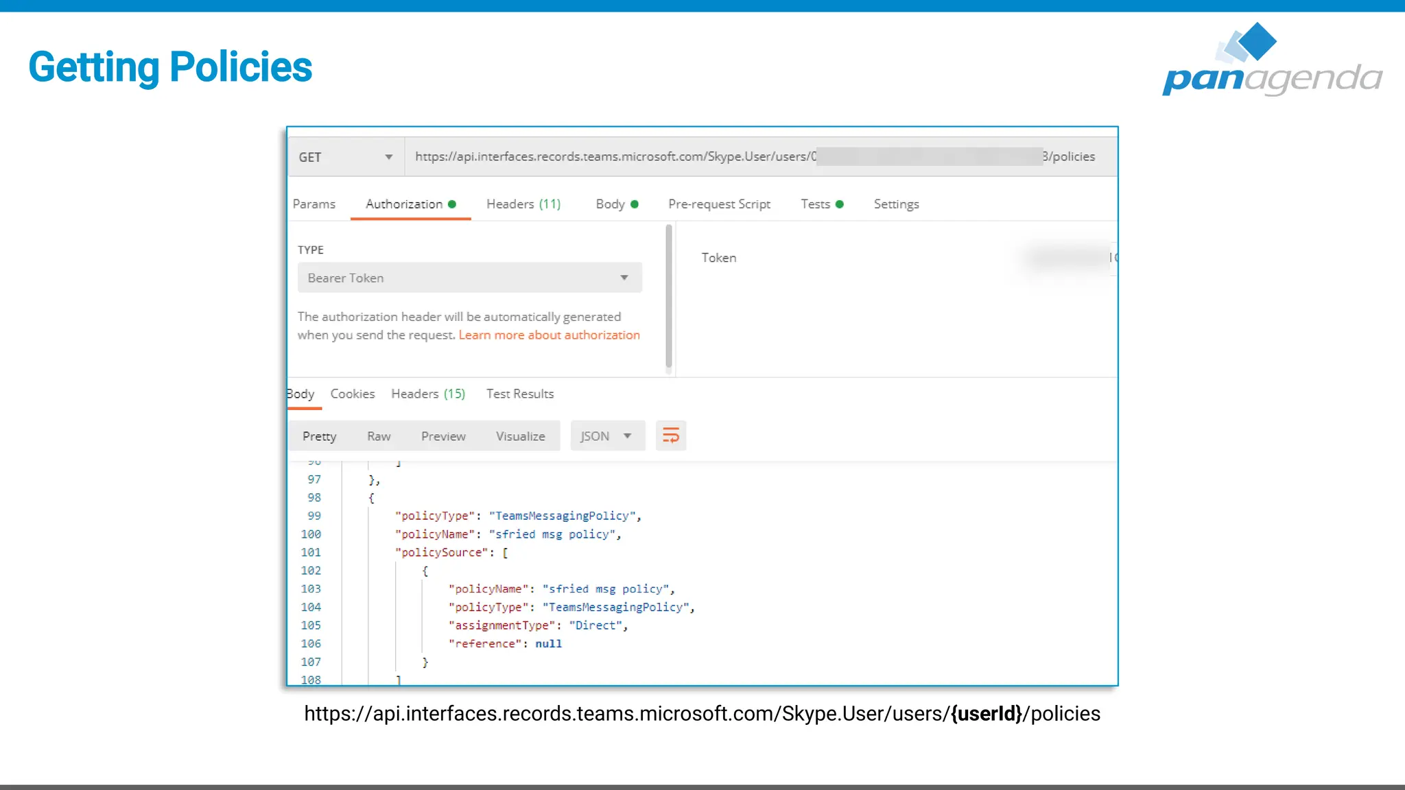 Getting Policies
https://api.interfaces.records.teams.microsoft.com/Skype.User/users/{userId}/policies
 