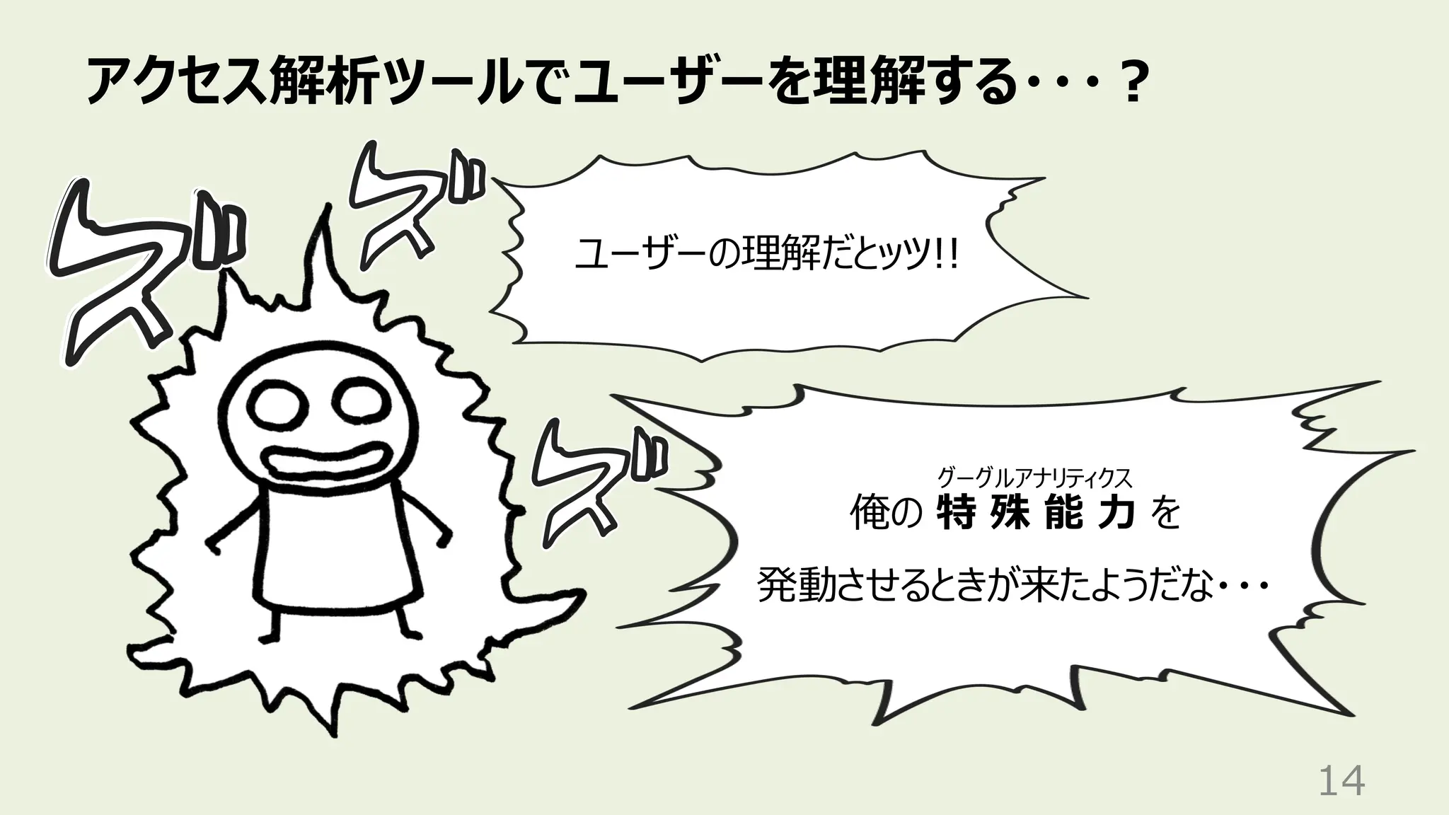 アクセス解析ツールでユーザーを理解する・・・？
14
ユーザーの理解だとッツ!!
俺の 特 殊 能 力 を
発動させるときが来たようだな・・・
グーグルアナリティクス
 